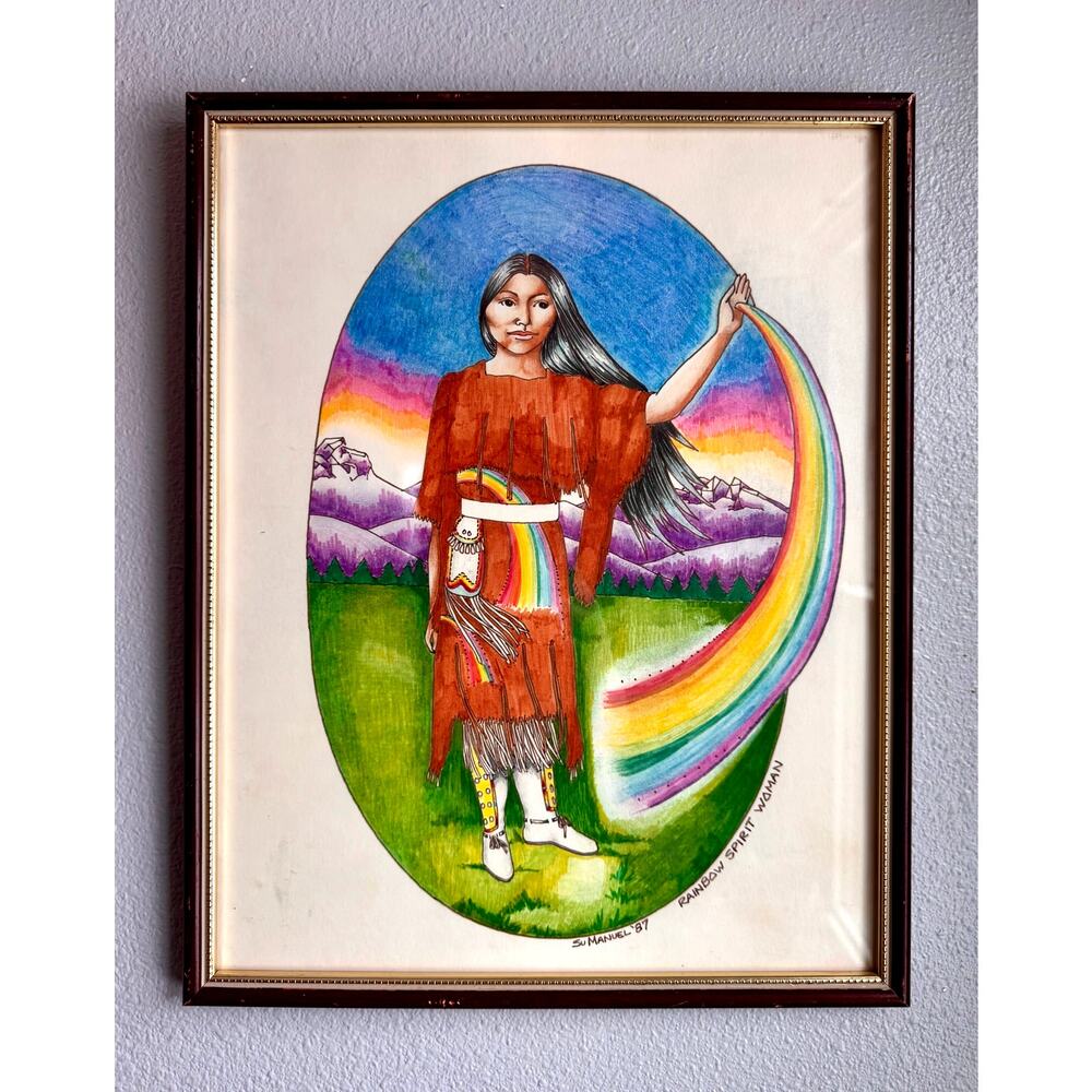 Rainbow Spirit Woman Original Marker Drawing Signed Su Manuel 1987 Framed